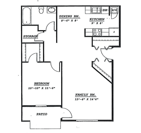 Floor plan for 1 bed, 1 bath, 856 sqft